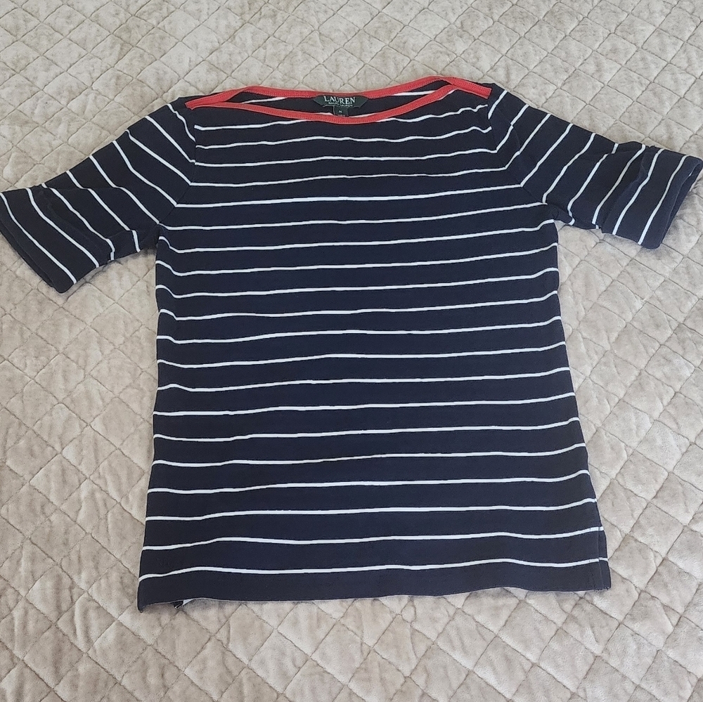 Polo Ralph Lauren Navy and White Striped Tee with Red Trim